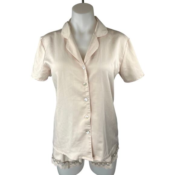 Flora Nikrooz Victoria Charmeuse Beige Silk Satin Button Up Sleep Pajamas Set S - Picture 1 of 6